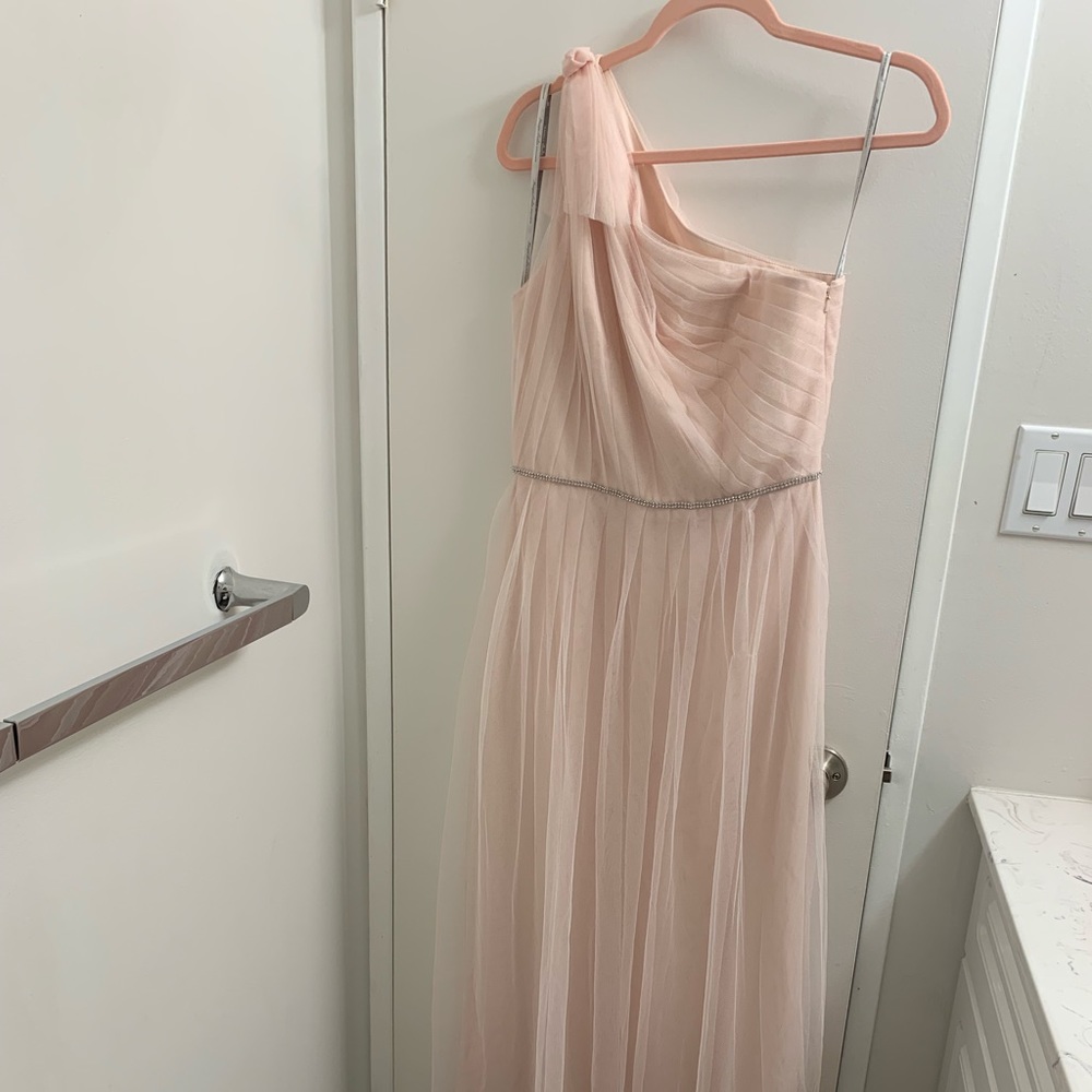 💗 Monique Lhuillier Blush Pink Bridesmaid/Evening Gown One-Shoulder Long Dress